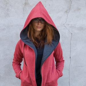Hooded Hoodie, Hooded Sweatshirt, Red Hoodie, Big Hood Sweatshirt, Plus Size Clothing, Asymmetric Hoodie, Zipper Hoodie, Oversize Sweatshirt