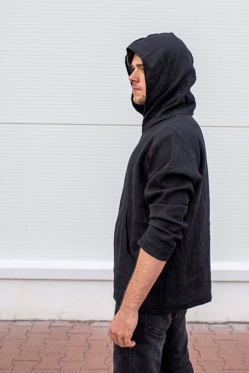 Linen Hoodie Men, Mens Clothing, Big Hood Hoodie, Lightweight Hoodie, Black Loose Sweatshirt, Wizard Hoodie, Mid Century Modern,Ninja Hoodie zdjęcie 7