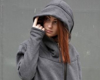 Big Hood Hoodie, Womens Clothing, Asymmetrical Hoodie, Navaho Clothing, Plus Size Clothing, Zip Up Hoodie, Hooded Coat, Gray Sweatshirt