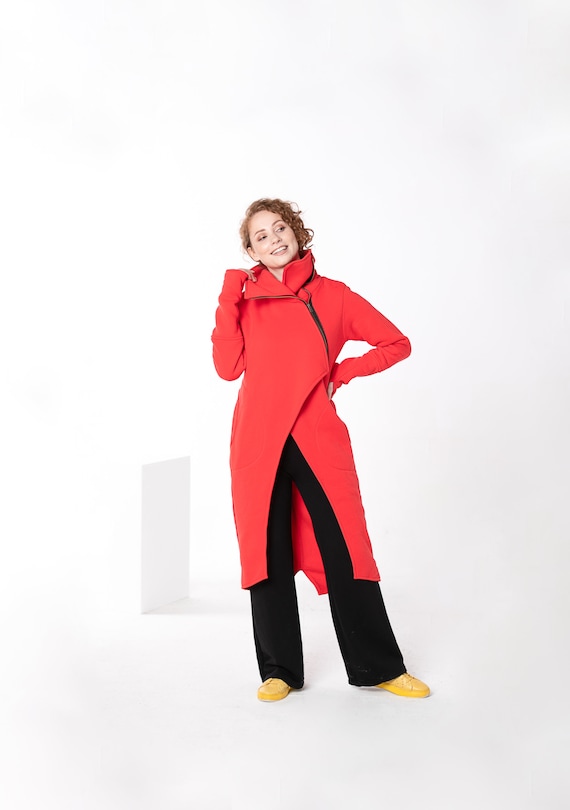 Red Extravagant Coat, Women Long Coat, Cotton Overcoat, Asymmetrical Zipper Coat, Avant Garde Coat, Red Women Jacket, Plus Size Clothing