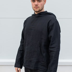 Linen Hoodie Men, Mens Clothing, Big Hood Hoodie, Lightweight Hoodie, Black Loose Sweatshirt, Wizard Hoodie, Mid Century Modern,Ninja Hoodie zdjęcie 3