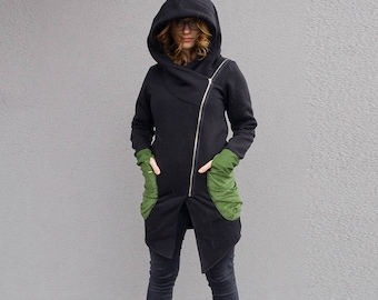 Solarpunk Hoodie, Asymmetric Zip Sweatshirt, Green and Black Hooded Coat