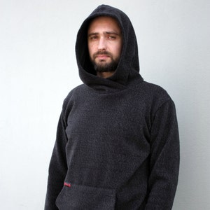 Black wool fall sweatshirt with hood and front pocket perfect warm wool hoodie for men