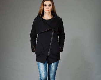 Giacca nera, abbigliamento da donna, cappotto da donna, abbigliamento asimmetrico, felpa con collo a scialle, cappotto con cerniera, felpa con cappuccio apocalittica