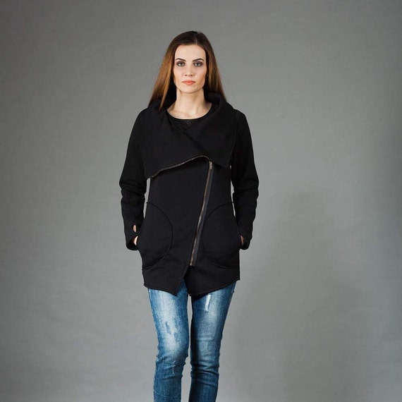 Black Jacket, Womens Clothing, Women Sweatshirt, Asymmetrical