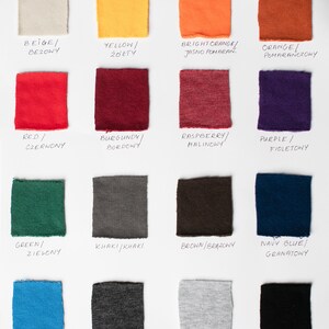 May include: A color chart with 16 fabric swatches, each labeled with a color name in English and Polish. The colors include beige, yellow, orange, red, burgundy, raspberry, purple, green, khaki, brown, navy blue, blue, gray, light gray, and black.
