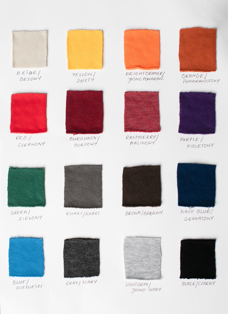 May include: A color chart with 16 fabric swatches, each labeled with a color name in English and Polish. The colors include beige, yellow, orange, red, burgundy, raspberry, purple, green, khaki, brown, navy blue, blue, gray, light gray, and black.