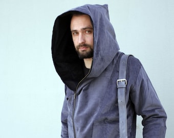 Hooded Corduroy Jacket, Men's Urban Style, spring Coat men fashion gothic , asymetrical
