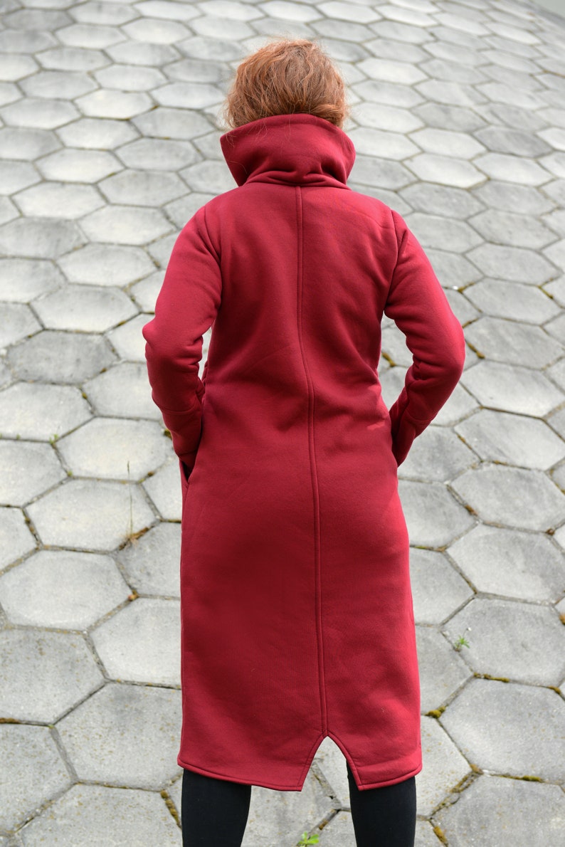 Plus Size Clothing Women Long Jacket Red Women Coat Asymmetrical Coat Turtleneck Coat Extravagant Clothes Zipper Coat Cotton Coat