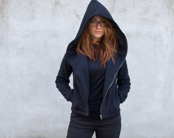 Großer Kapuzen Hoodie, Solarpunk Hoodie, Großer Kapuzen Hoodie, Spitzer Hoodie, Steampunk Hoodie, Gothic Kleidung, Schwarzes Sweatshirt, Asymmetrisch