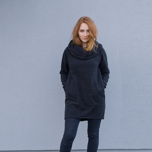 Cowl Neck Sweater, Long Black Wool Hoodie, Cozy Sweatshirt, Winter Clothing, Tunic With Pockets, Sweater Hoodie, Knit Sweatshirt, Woolen