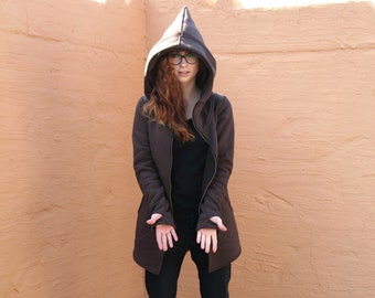 Pointed Hood Zip Up Hoodie, Gothic Pixie Cotton Jacket