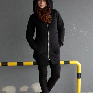 Long Hooded Hoodie, Black Zip Up Hoodie, Gothic Clothing, Elven Clothing, Plus Size Hoodie, Dark Academia, Workout Activewear, Cyberpunk zdjęcie 5