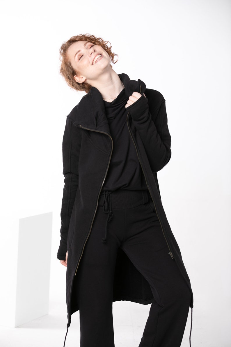 Black Long Jacket Zipper Cotton Coat High Neck Coat Plus Etsy