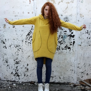 Sweatshirt Dress, Yellow Hoodie, Hooded Hoodie, Hoodie Dress, Plus Size Clothing, Yellow Sweater, Asymmetric Hoodie, Oversize Hoodie