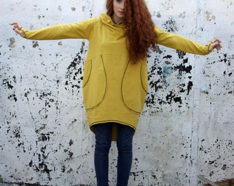 Sweatshirt Dress, Yellow Hoodie, Hooded Hoodie, Hoodie Dress, Plus Size Clothing, Yellow Sweater, Asymmetric Hoodie, Oversize Hoodie