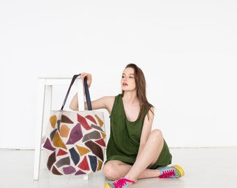 Boho Leinen Einkaufstasche, Leder Patchwork, große Einkaufstasche