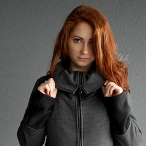 Cowl Neck Coat, Sweatshirt Coat, High Collar Coat, Grey Coat, Plus Size Clothing, Warm Coat, Long Coat, Zipper Coat, Urban Coat