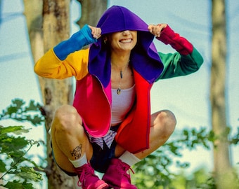 Colorful Zip Up Hoodie, Asymmetrical Sweatshirt, Futuristic Style