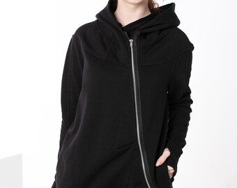 ジャケット・アウター bajra - Hooded Asymmetrical Zip Coat Asymmetrical Zip up Hoodie, Women's Black Cotton Hooded Coat