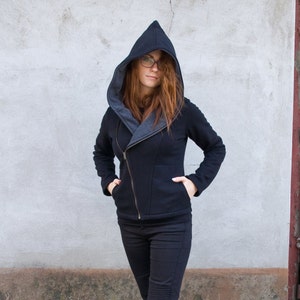 Zipper Hoodie, Women Hoodie, Big Hood Hoodie, Elven Jacket, Gothic Clothing, Asymmetrical Hoodie, Black Hooded Hoodie, Plus Size Jacket