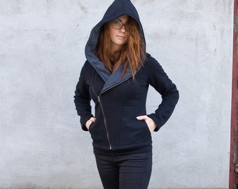 Women Hoodie With Zipper, Big Hood Hoodie, Elven Jacket, Gothic Clothing, Asymmetrical Hoodie, Black Hooded Hoodie, Plus Size Jacket