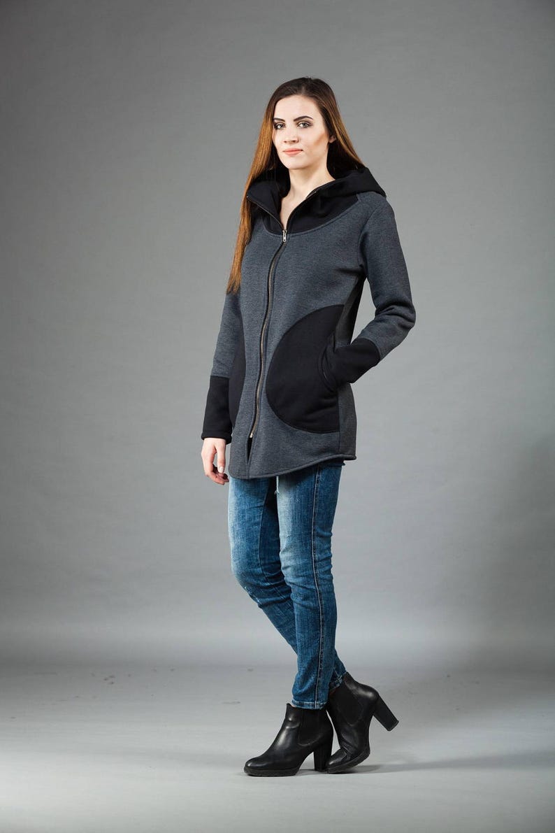 Spring HoodieLong hoodieWomen/'s jacketWarm hoodieCotton HoodieDark Gray /& Black HoodieUnusual DesignCollarPlus size