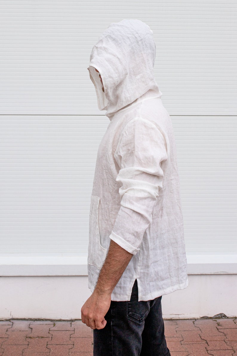 Linen Hoodie Men, Thin Hoodie, Summer Hoodie, White Medieval Tunic, Mid Century Modern, Lightweight Hoodie, Cyberpunk Sweatshirt, Festival zdjęcie 4