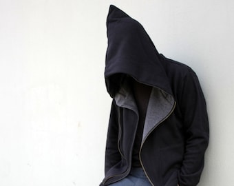 Schwarzer Zauberer-Hoodie, Ninja-Hoodie, spitzer Kapuzen-Hoodie, Cyberpunk-Hoodie, großer Kapuzen-Hoodie, postapokalyptische Kleidung, Emo-Hoodie, große Kapuze