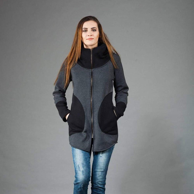 Spring HoodieLong hoodieWomen/'s jacketWarm hoodieCotton HoodieDark Gray /& Black HoodieUnusual DesignCollarPlus size