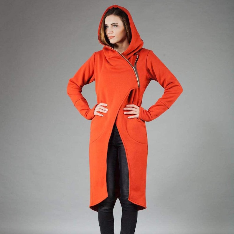 Asymmetric Coat Track Coat Winter Coat Plus Size Clothing Winter Clothing Hooded Coat Burnt Orange Coat Women Coat Zipper Coat