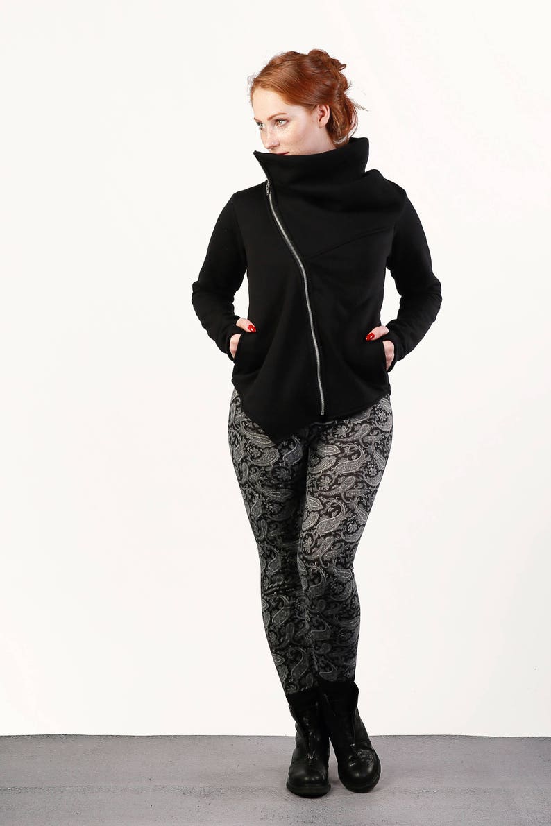 Women/'s Clothing Fitted Jacket Women/'s SweatshirtWarm SweatshirtTunicCotton Coat Asymmetrical Handmade Black Hoodie with Collar