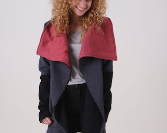 Asymmetrical Cowl Neck Cotton Sweatshirt Coat, Thumb Holes