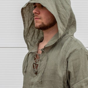 Mens Linen Hoodie, Shaman Clothing, Medieval Hoodie, Linen Larp Top, Long Sleeve Shirt, Jedi Clothing, Plus Size Clothing, Festival Hoodie image 10