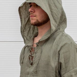 Leinen Hoodie, Leinen Hoodie, Mittelalter Hoodie, Leinen Larp Top, Schamanen Kleidung, Langarm Shirt, Jedi Kleidung, Kleidung, Festival Hoodie Bild 10