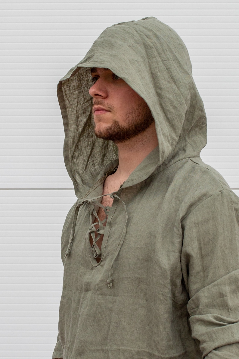 Mens Linen Hoodie, Shaman Clothing, Medieval Hoodie, Linen Larp Top, Long Sleeve Shirt, Jedi Clothing, Plus Size Clothing, Festival Hoodie image 10