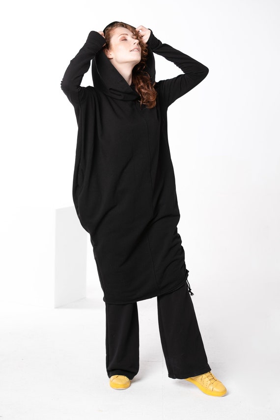 Black hooded sweater dress discount