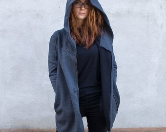 Lange Strickjacke für Frauen, Damenbekleidung, Kapuzenmantel, Frühlingsmantel, asymmetrische Kleidung, langer Mantel, dystopische Kleidung, Emo Hoodie