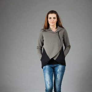 Asymmetrical Hoodie, Women Sweatshirt, Gray Hoodie, Zip Hooded Sweatshirt, Plus Size Clothing, Urban Wear, Plus Size Hoodie, Loose Style