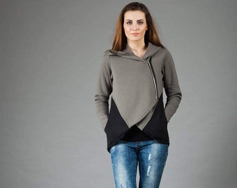 Asymmetrischer Hoodie, Frauen Sweatshirt, grauer Hoodie, Reißverschluss mit Kapuze Sweatshirt, Plus Size Kleidung, Urban Wear, Plus Size Hoodie, Loose Style