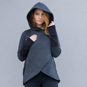 Damenbekleidung, asymmetrisches Sweatshirt, Hoodies und Sweatshirt, Assassin Hoodie, Plus Size Hoodie, futuristischer Hoodie, Sweatshirt mit großer Kapuze