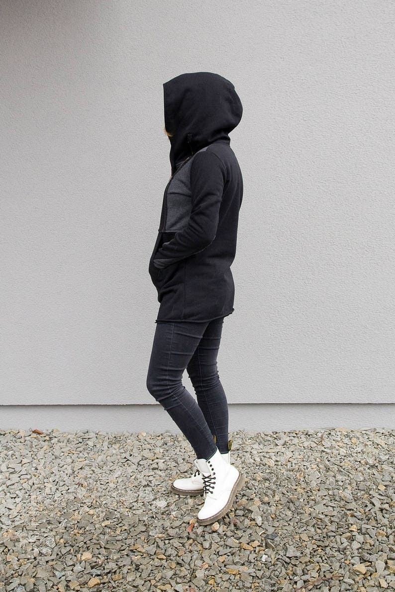 Hoodie For Women, Black Hoodie, Solarpunk, Women Sweatshirt, Plus Size Clothing, Asymmetrical Hoodie, Zipper Sweatshirt, Long Hooded Coat image 2