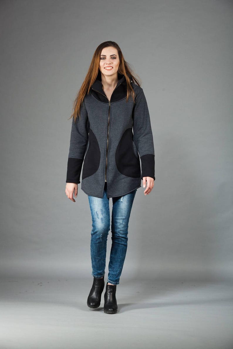 Spring HoodieLong hoodieWomen/'s jacketWarm hoodieCotton HoodieDark Gray /& Black HoodieUnusual DesignCollarPlus size
