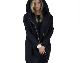 Hooded Coat, Sweatshirt Coat, Plus Size Coat, Asymmetrical Hoodie, Big Hood Hoodie, Long Coat Women, Black Hoodie, Gothic Clothing, Spring