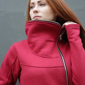 Womens Clothing, Sweatshirt Tunic, Women Sweatshirt, Red Tunic, High Collar Sweatshirt, Plus Size Clothing, Asymmetrical Sweater,Extravagant