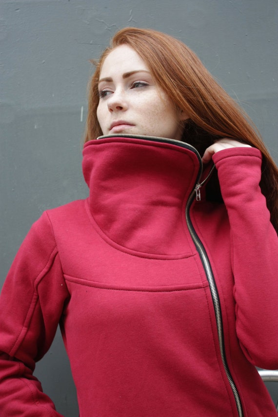 Womens Clothing, Sweatshirt Tunic, Women Sweatshirt, Red Tunic, High Collar  Sweatshirt, Plus Size Clothing, Asymmetrical Sweater,extravagant 