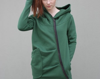 Green Asymmetrical Zip Hoodie, Plus Size Hooded Coat, Thumb Holes