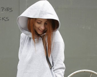 Asymmetric Zip Cotton Hoodie, Thumb Hole Sleeves, Plus Size