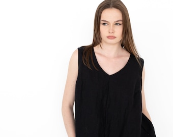 Black Linen Tshirt, Women Linen Top, Sleeveless Tee, Loose Tunic Shirt, V Neck Tshirt, Linen Clothing, Summer Top, Natural Linen Tshirt