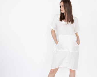 Sommerkleid für Frauen, Weißes Leinenkleid, Kleid mit Taschen, Plus Size Midi Kleid, Cottagecore Kleid, Leinenkleid, lässiges Kleid